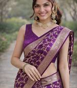 Wine silk blend banarasi saree with unstitched blouse piece