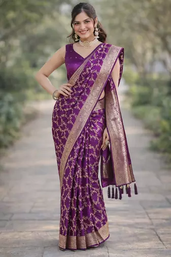Wine silk blend banarasi saree with unstitched blouse piece