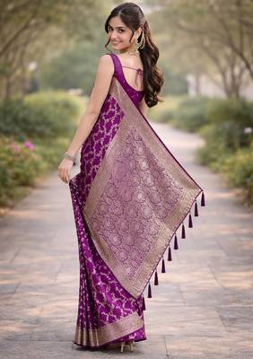 Wine silk blend banarasi saree with unstitched blouse piece 4