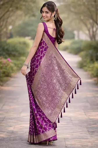 Wine silk blend banarasi saree with unstitched blouse piece