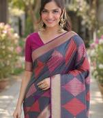 Teal green silk blend banarasi saree with unstitched blouse piece