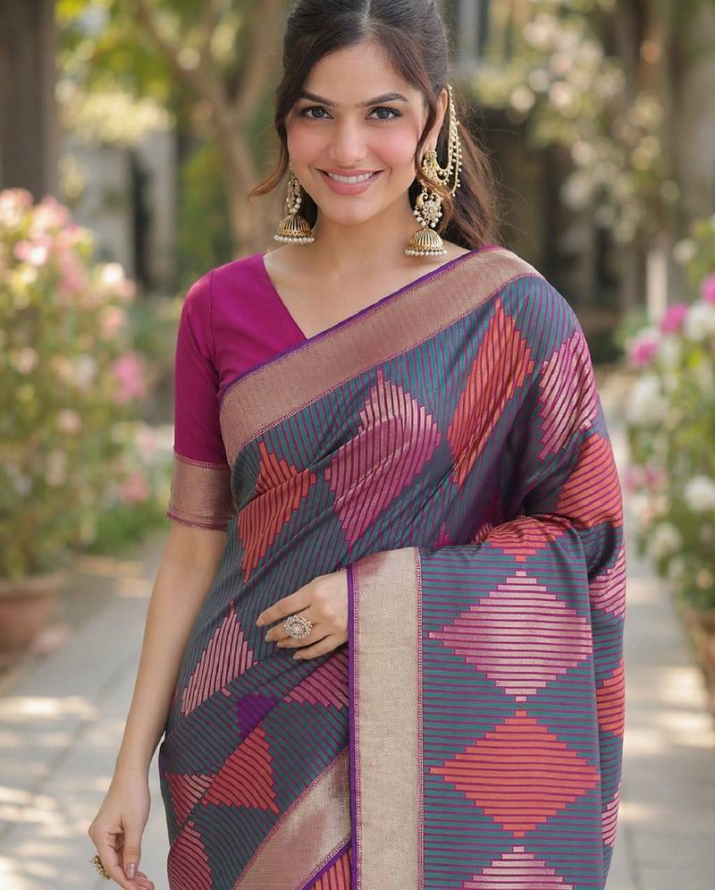 Teal green soft silk banarasi jacuard work designer party wear saree with unstitched blouse piece