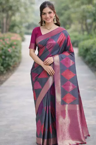 Teal green silk blend banarasi saree with unstitched blouse piece