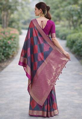 Teal green silk blend banarasi saree with unstitched blouse piece 4