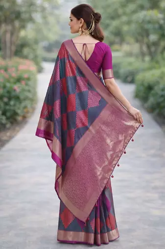 Teal green silk blend banarasi saree with unstitched blouse piece