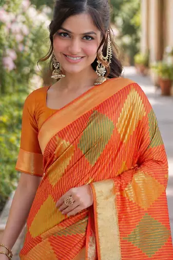 Orange soft silk banarasi jacuard work designer party wear saree with unstitched blouse piece