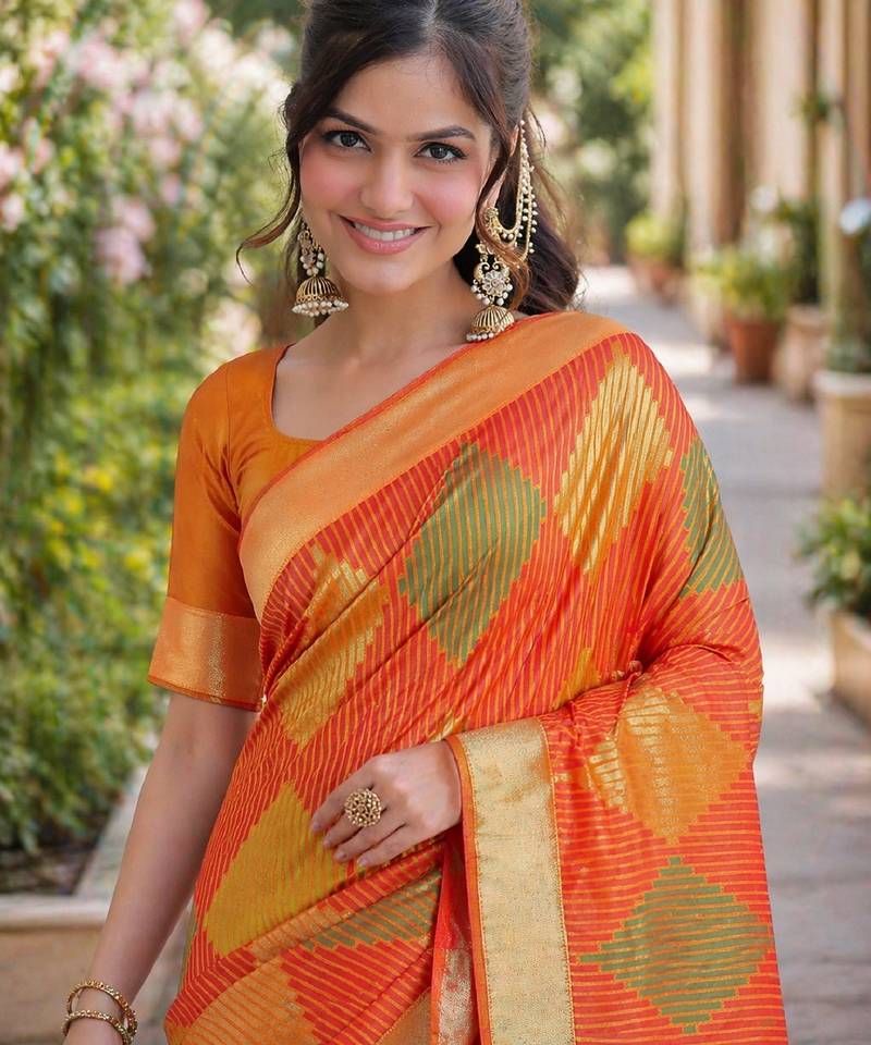 Orange soft silk banarasi jacuard work designer party wear saree with unstitched blouse piece