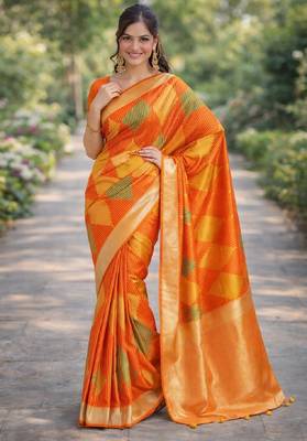Orange silk blend banarasi saree with unstitched blouse piece 3