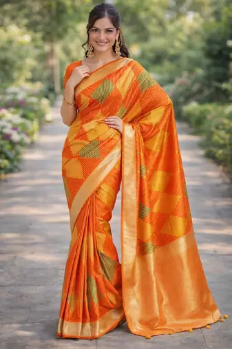 Orange silk blend banarasi saree with unstitched blouse piece