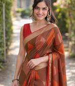 Green silk blend banarasi saree with unstitched blouse piece