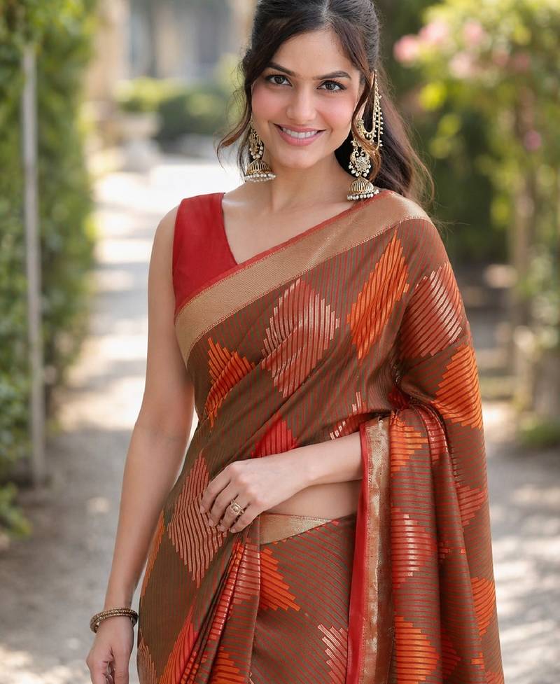 Green soft silk banarasi jacuard work designer party wear saree with unstitched blouse piece