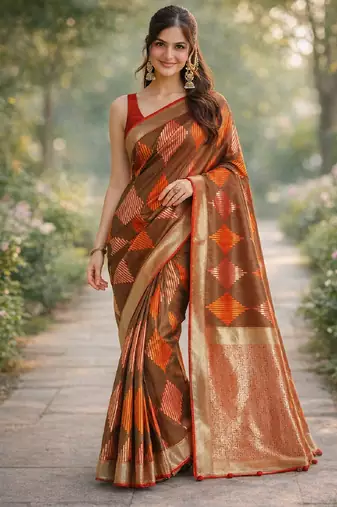 Green silk blend banarasi saree with unstitched blouse piece