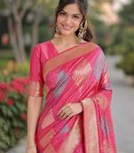Light pink silk blend banarasi saree with unstitched blouse piece