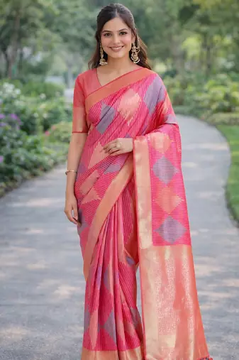Light pink silk blend banarasi saree with unstitched blouse piece
