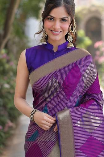 Purple soft silk banarasi jacuard work designer party wear saree with unstitched blouse piece