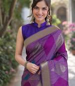Purple silk blend banarasi saree with unstitched blouse piece