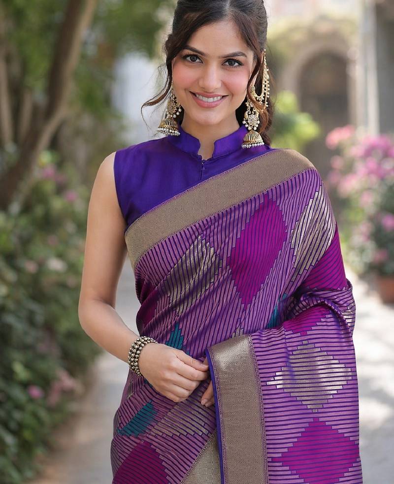 Purple soft silk banarasi jacuard work designer party wear saree with unstitched blouse piece