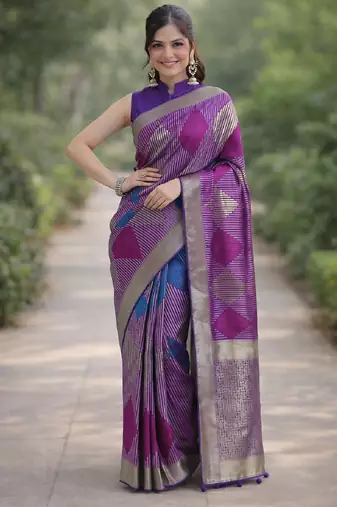 Purple silk blend banarasi saree with unstitched blouse piece