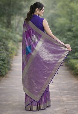 Purple silk blend banarasi saree with unstitched blouse piece 4