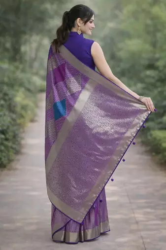 Purple silk blend banarasi saree with unstitched blouse piece