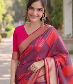 Wine silk blend banarasi saree with unstitched blouse piece
