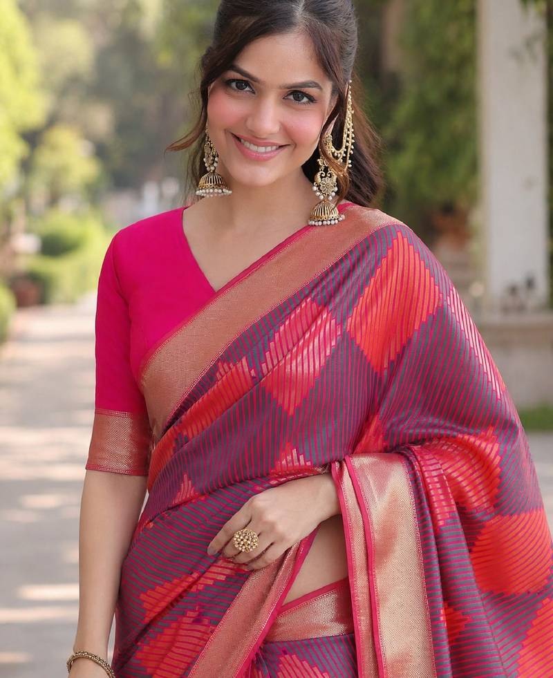 Wine soft silk banarasi jacuard work designer party wear saree with unstitched blouse piece
