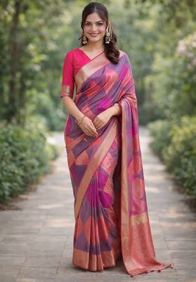 Wine silk blend banarasi saree with unstitched blouse piece 3