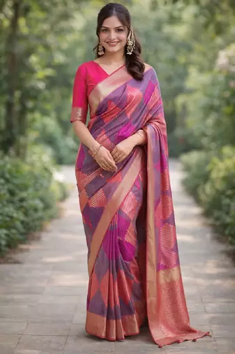 Wine silk blend banarasi saree with unstitched blouse piece