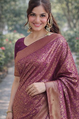 Purple soft silk banarasi jacuard work designer party wear saree with unstitched blouse piece