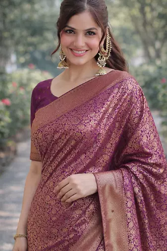 Purple soft silk banarasi jacuard work designer party wear saree with unstitched blouse piece