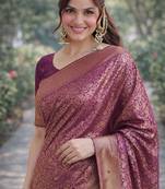 Purple silk blend banarasi saree with unstitched blouse piece