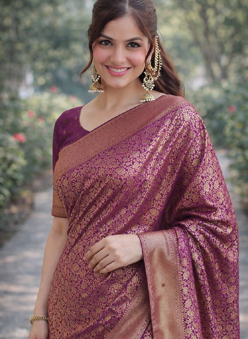 Purple soft silk banarasi jacuard work designer party wear saree with unstitched blouse piece