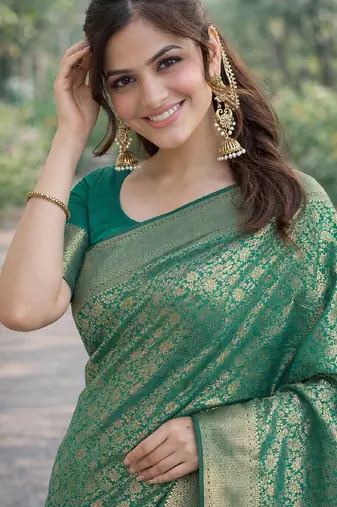 Rama soft silk banarasi jacuard work designer party wear saree with unstitched blouse piece