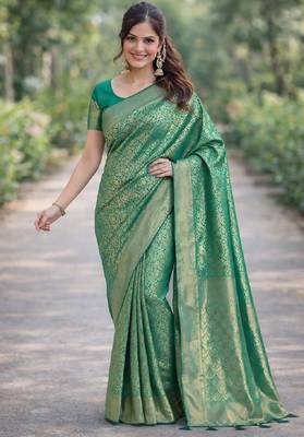 Rama silk blend banarasi saree with unstitched blouse piece 3