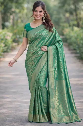 Rama silk blend banarasi saree with unstitched blouse piece