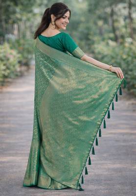 Rama silk blend banarasi saree with unstitched blouse piece 4