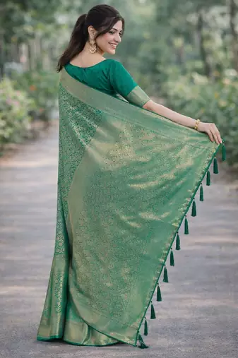 Rama silk blend banarasi saree with unstitched blouse piece