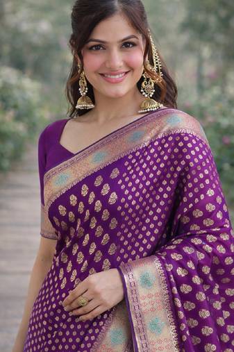 Wine soft silk banarasi jacuard work designer party wear saree with unstitched blouse piece