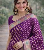 Wine silk blend banarasi saree with unstitched blouse piece
