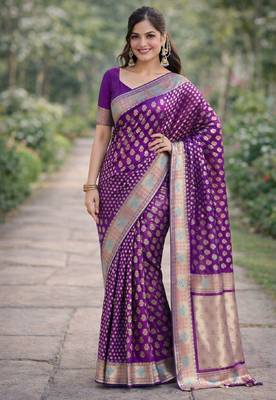 Wine silk blend banarasi saree with unstitched blouse piece 3
