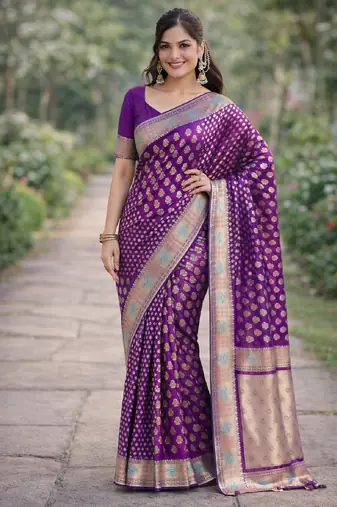 Wine silk blend banarasi saree with unstitched blouse piece