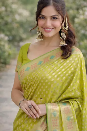 Parrot green soft silk banarasi jacuard work designer party wear saree with unstitched blouse piece