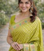 Parrot green silk blend banarasi saree with unstitched blouse piece