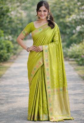 Parrot green silk blend banarasi saree with unstitched blouse piece 3