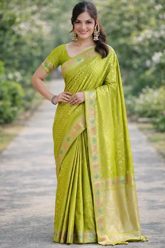 Parrot green silk blend banarasi saree with unstitched blouse piece