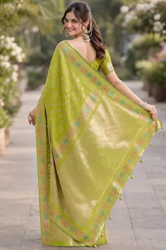 Parrot green silk blend banarasi saree with unstitched blouse piece