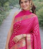 Pink silk blend banarasi saree with unstitched blouse piece