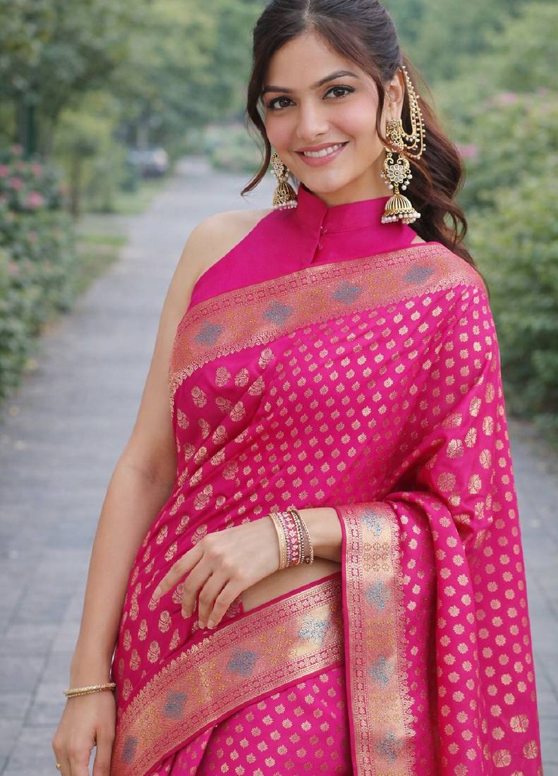 Pink soft silk banarasi jacuard work designer party wear saree with unstitched blouse piece