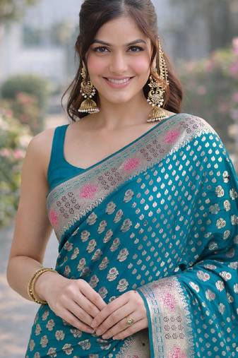 Rama soft silk banarasi jacuard work designer party wear saree with unstitched blouse piece