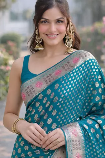 Rama soft silk banarasi jacuard work designer party wear saree with unstitched blouse piece